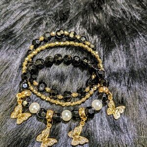 Handmade 3 piece Black & Gold stacked charm bracelets
